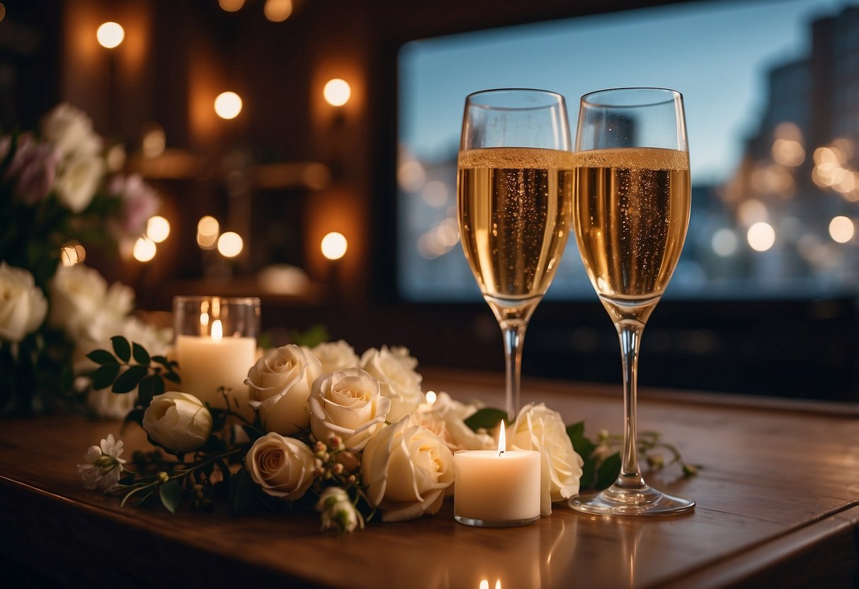 A cozy private cinema with romantic decor, soft lighting, and a screen displaying "30th Wedding Anniversary" surrounded by champagne and flowers