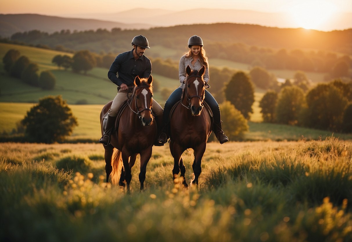 A couple rides horses through a picturesque countryside, with rolling hills and a vibrant sunset in the background