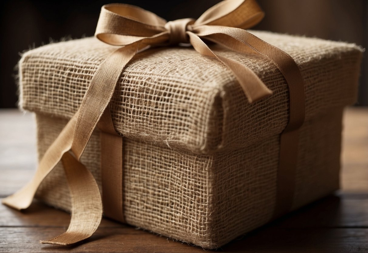 Rustic burlap and twine wrapped around a wedding gift box, adorned with a simple, elegant bow