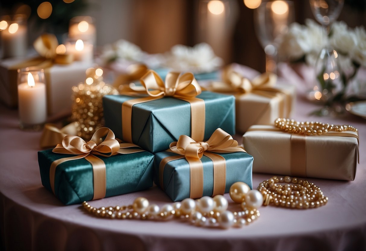 A table adorned with velvet ribbons and pearls, surrounded by elegant gift boxes and wrapping paper, creating a luxurious and romantic wedding gift wrapping display