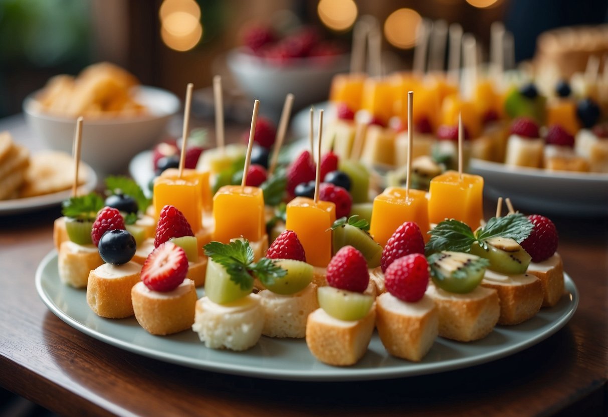 A table adorned with an array of elegant finger foods, from delicate tea sandwiches to colorful fruit skewers, all displayed on elegant platters and serving dishes