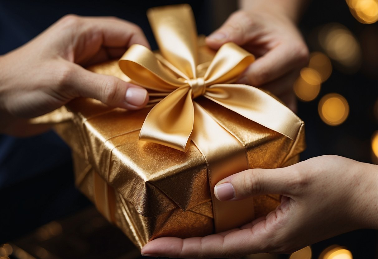 A pair of hands carefully folds gilded metallic paper around a wedding gift, tying it with a luxurious satin ribbon