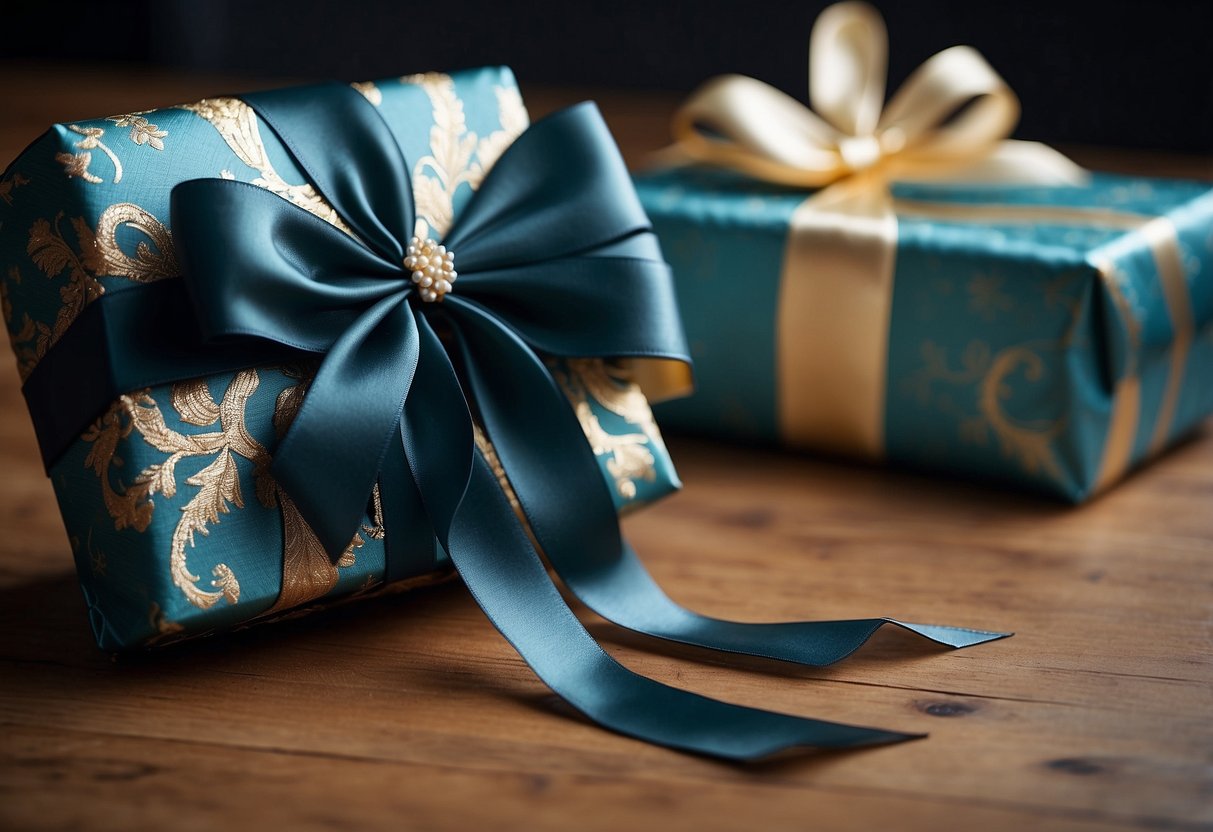 A beautifully wrapped wedding gift with custom photo wrapping paper, adorned with elegant ribbon and a decorative bow