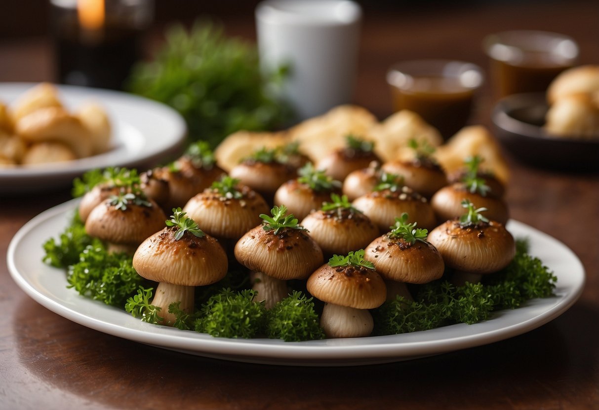 Golden-brown stuffed mushrooms arranged on a platter, garnished with fresh herbs and served as elegant wedding shower appetizers