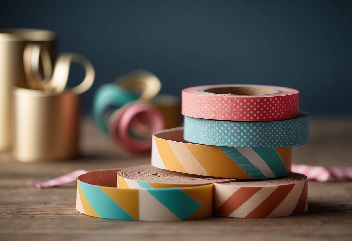 Colorful washi tape and craft paper arranged on a table with scissors and ribbon. A gift box sits nearby, ready to be wrapped in a creative and stylish way