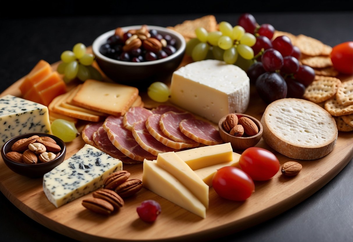 A wooden board with an assortment of cheeses, cured meats, fruits, nuts, and crackers arranged in an elegant and appetizing display