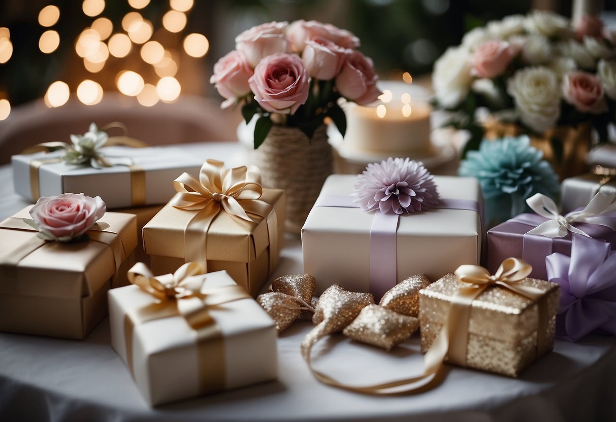 A table with various wedding gifts being creatively wrapped with ribbons, flowers, and unique decorative elements