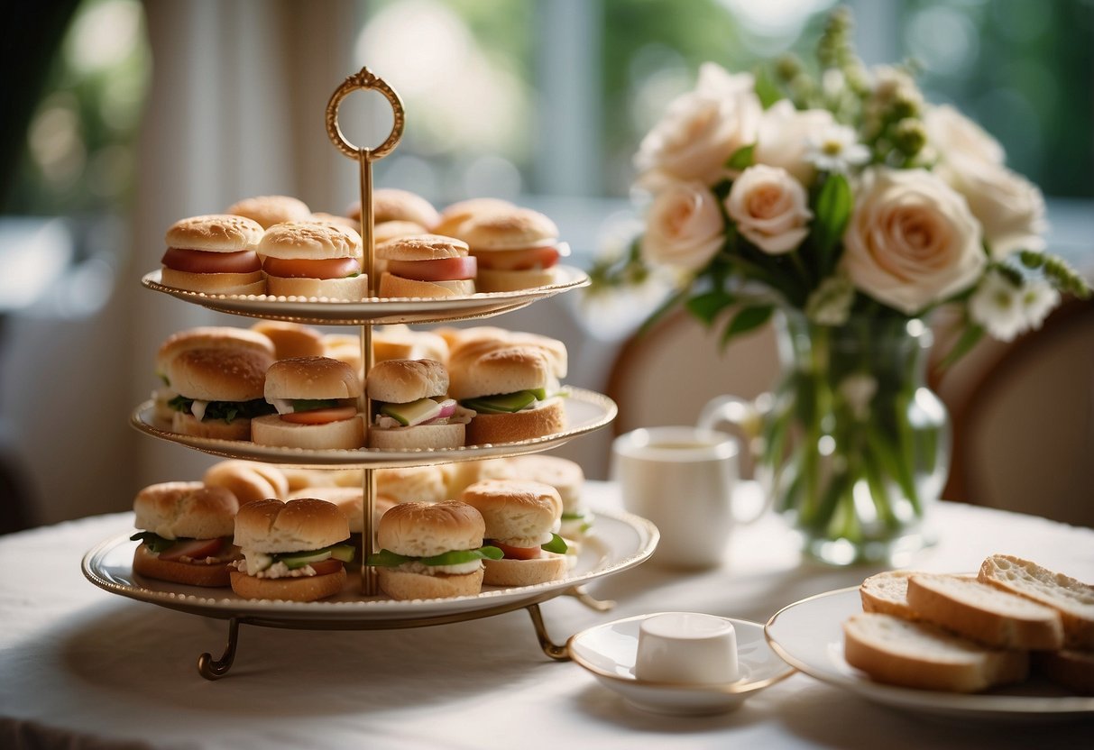 A platter of mini sandwiches arranged on a tiered stand, surrounded by delicate floral arrangements and elegant table settings for a wedding shower