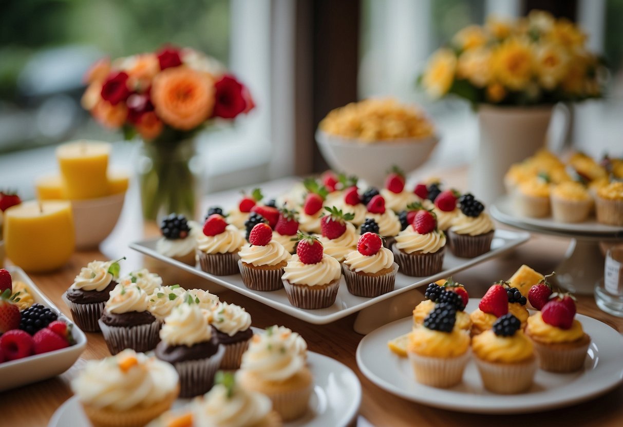 A table adorned with various themed wedding shower food ideas, including colorful cupcakes, elegant finger sandwiches, and a display of fresh fruit and cheese