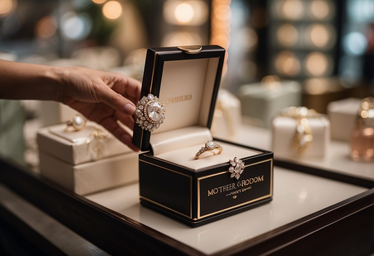 A hand reaches for a delicate jewelry box on a store shelf. A small card reads "Mother of the Groom" in elegant script