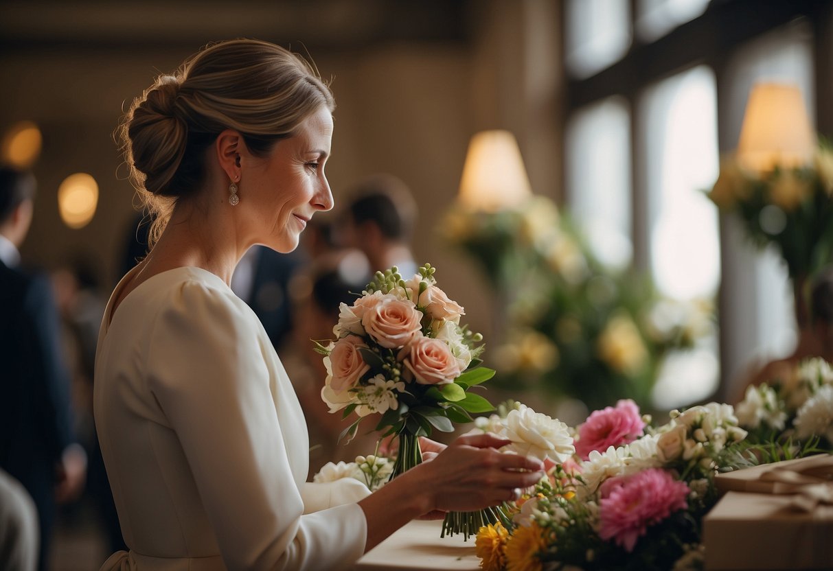 A woman selects a thoughtful gift for the mother of the groom at a traditional wedding