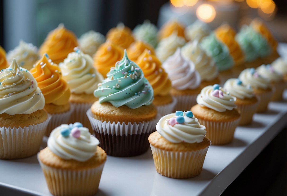 A table adorned with an assortment of beautifully decorated wedding cupcakes in various flavors and designs