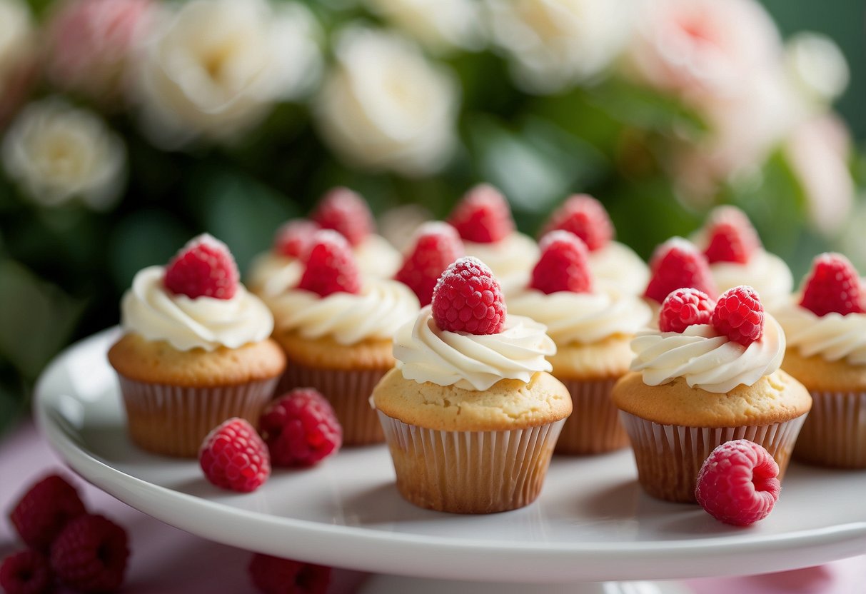 A platter of vanilla raspberry swirl wedding cupcakes, adorned with delicate pink and white frosting, surrounded by fresh raspberries and elegant floral decorations