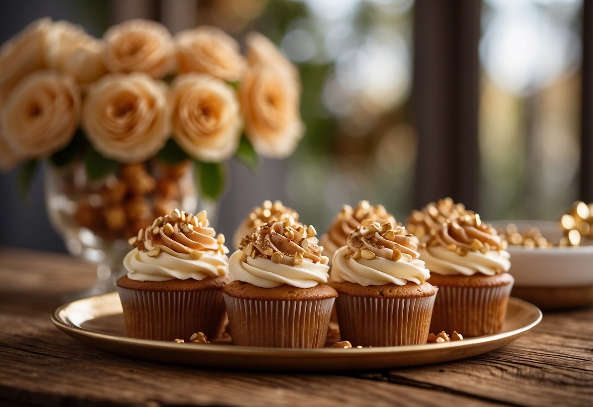 A tower of salted caramel pretzel crunch cupcakes, adorned with gold accents and delicate sugar flowers, displayed on a rustic wooden dessert table