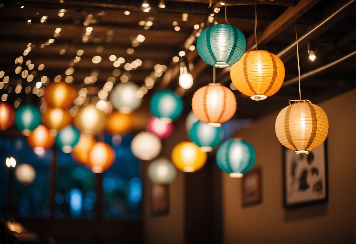 Colorful paper lanterns hang from the ceiling, casting a warm glow over the room. Tables are adorned with simple yet elegant centerpieces, and a DIY photo booth is set up in the corner