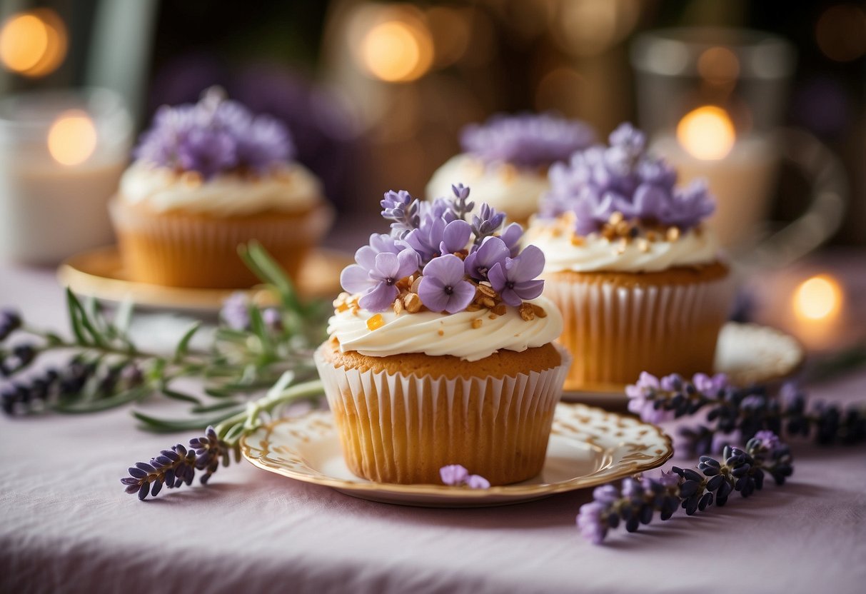 A table adorned with delicate lavender honey wedding cupcakes, decorated with pastel flowers and drizzled with golden honey