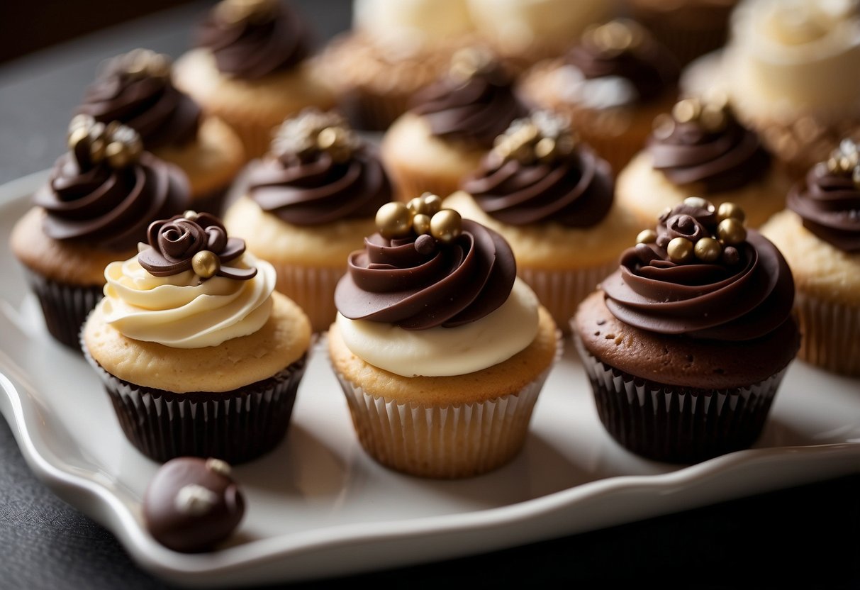 A display of elegant wedding cupcakes topped with rich chocolate espresso ganache, adorned with delicate edible decorations