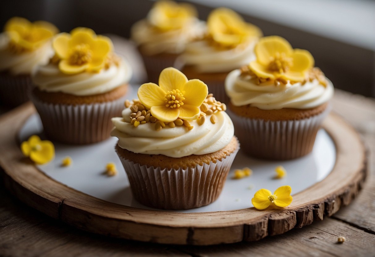 A table adorned with peanut butter banana wedding cupcakes, topped with delicate frosting and edible flowers