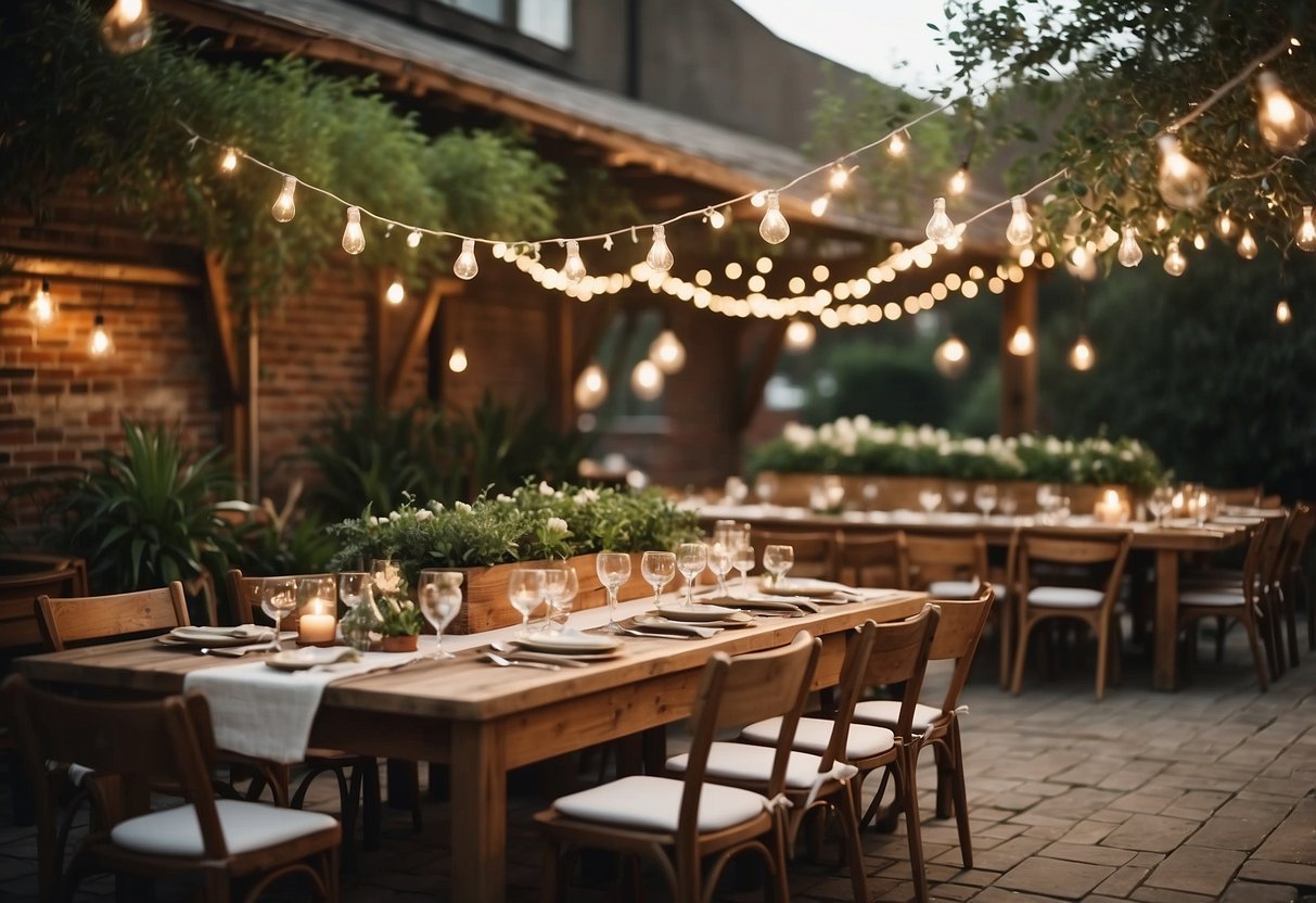 A rustic outdoor wedding reception with recycled paper invitations, surrounded by potted plants and solar-powered string lights