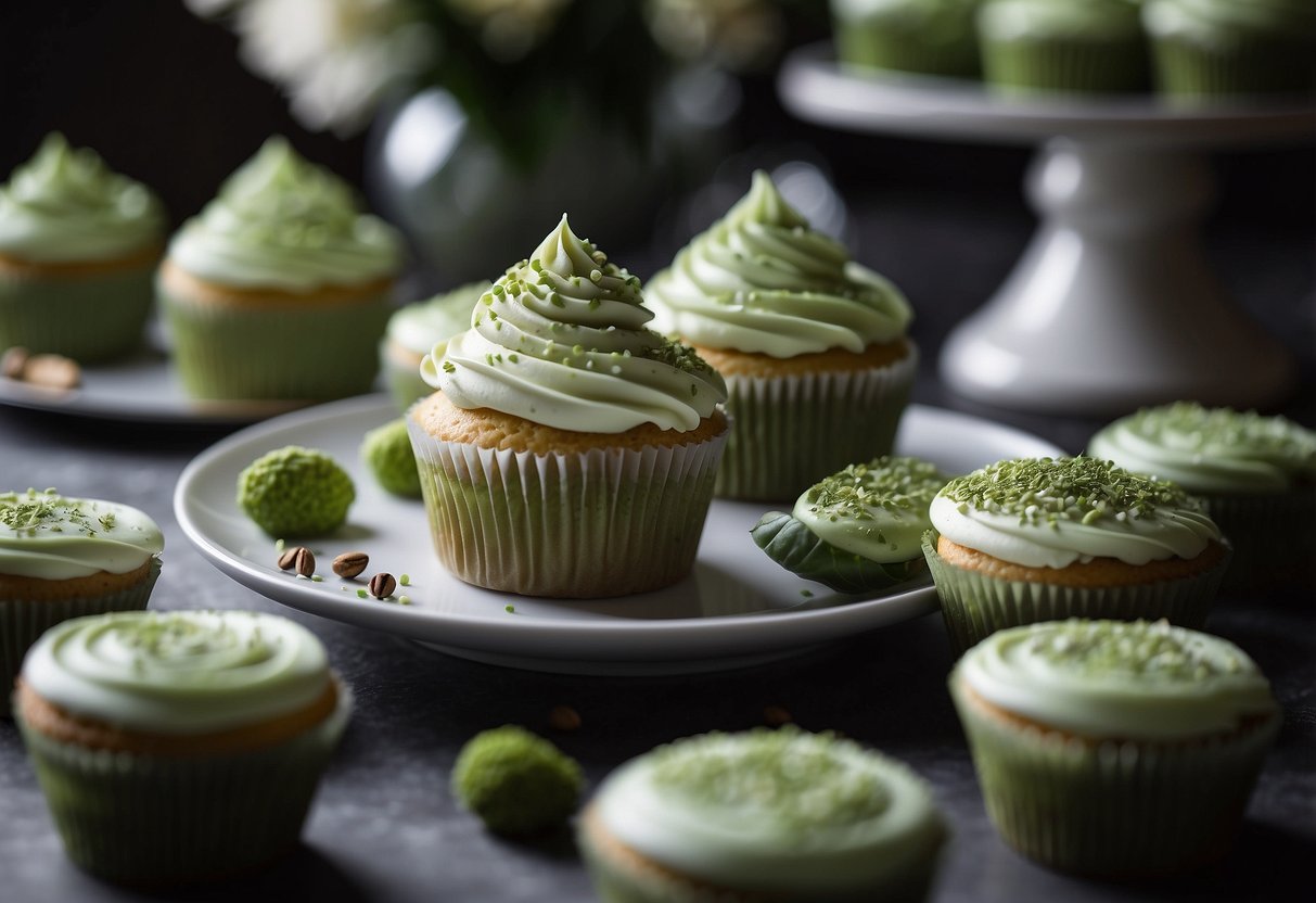 A table adorned with elegant matcha green tea wedding cupcakes, topped with delicate frosting and decorative elements