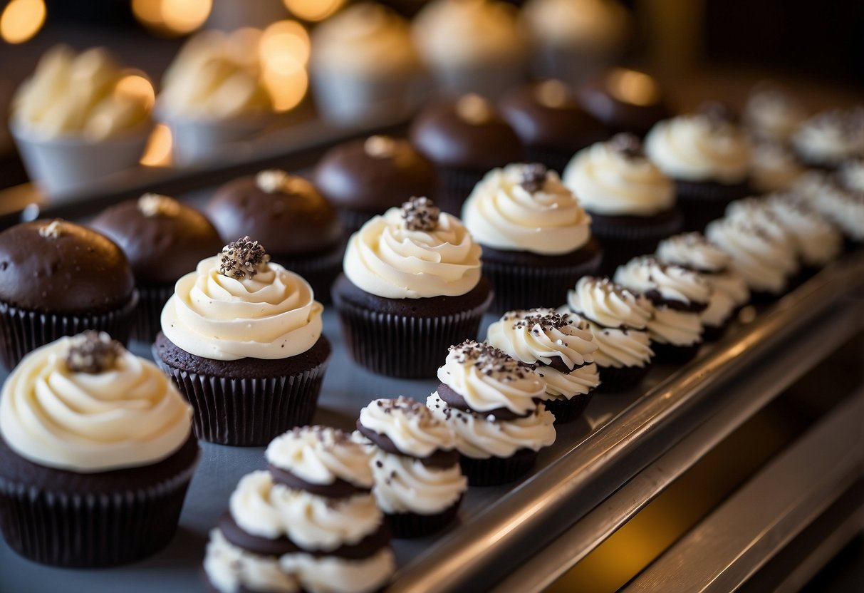 A tiered display of wedding cupcakes with cookies and cream frosting, topped with mini cookies and chocolate shavings