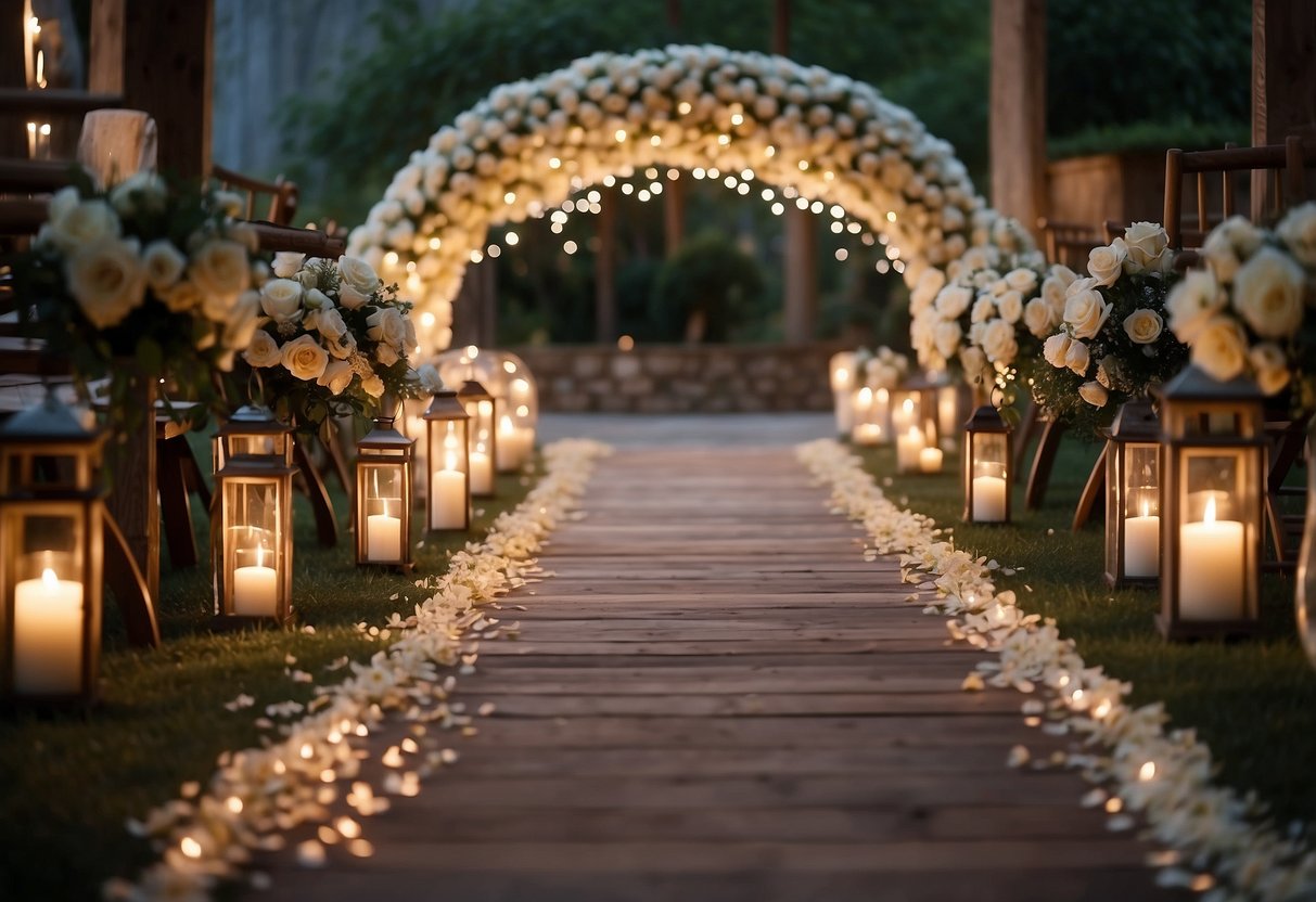 A flower-lined aisle leads to a rustic wooden arch adorned with flowing fabric and twinkling lights. A carpet of petals and lanterns add a romantic touch