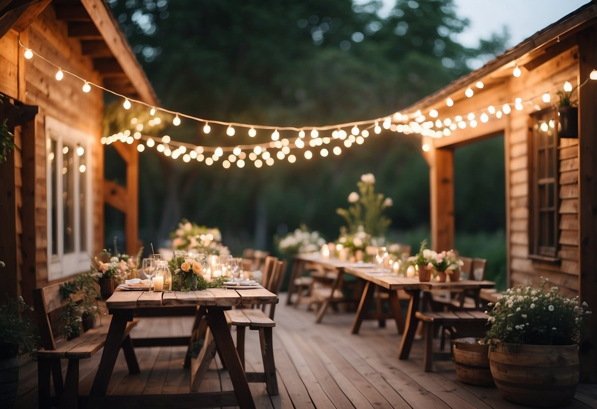 A cozy outdoor garden setting with string lights, rustic wooden tables, and wildflower centerpieces. A DIY photo booth and a dessert table with homemade treats