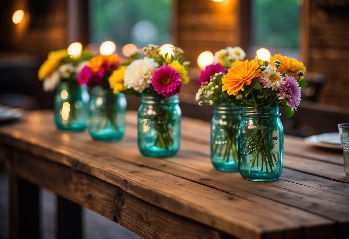 Colorful flowers in mason jars on wooden tables, soft candlelight, and rustic decor create a charming and budget-friendly wedding reception atmosphere