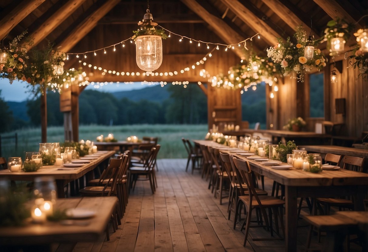 A cozy barn with string lights, wooden tables, and wildflower centerpieces. A rustic outdoor setting with a DIY photo booth and a dessert bar