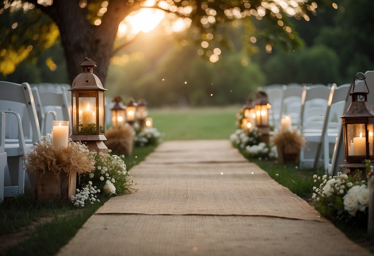 A burlap runner stretches down the rustic wedding aisle, adorned with wildflowers and lanterns, creating a natural and charming atmosphere