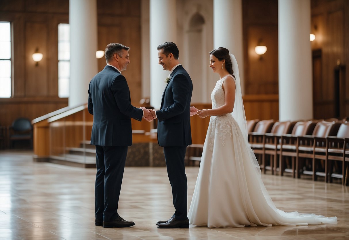 A couple exchanging vows in a simple, elegant courthouse setting with a judge officiating and minimal decor