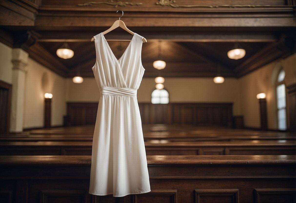 A simple white dress hangs on a rustic wooden hanger in front of a vintage courthouse backdrop