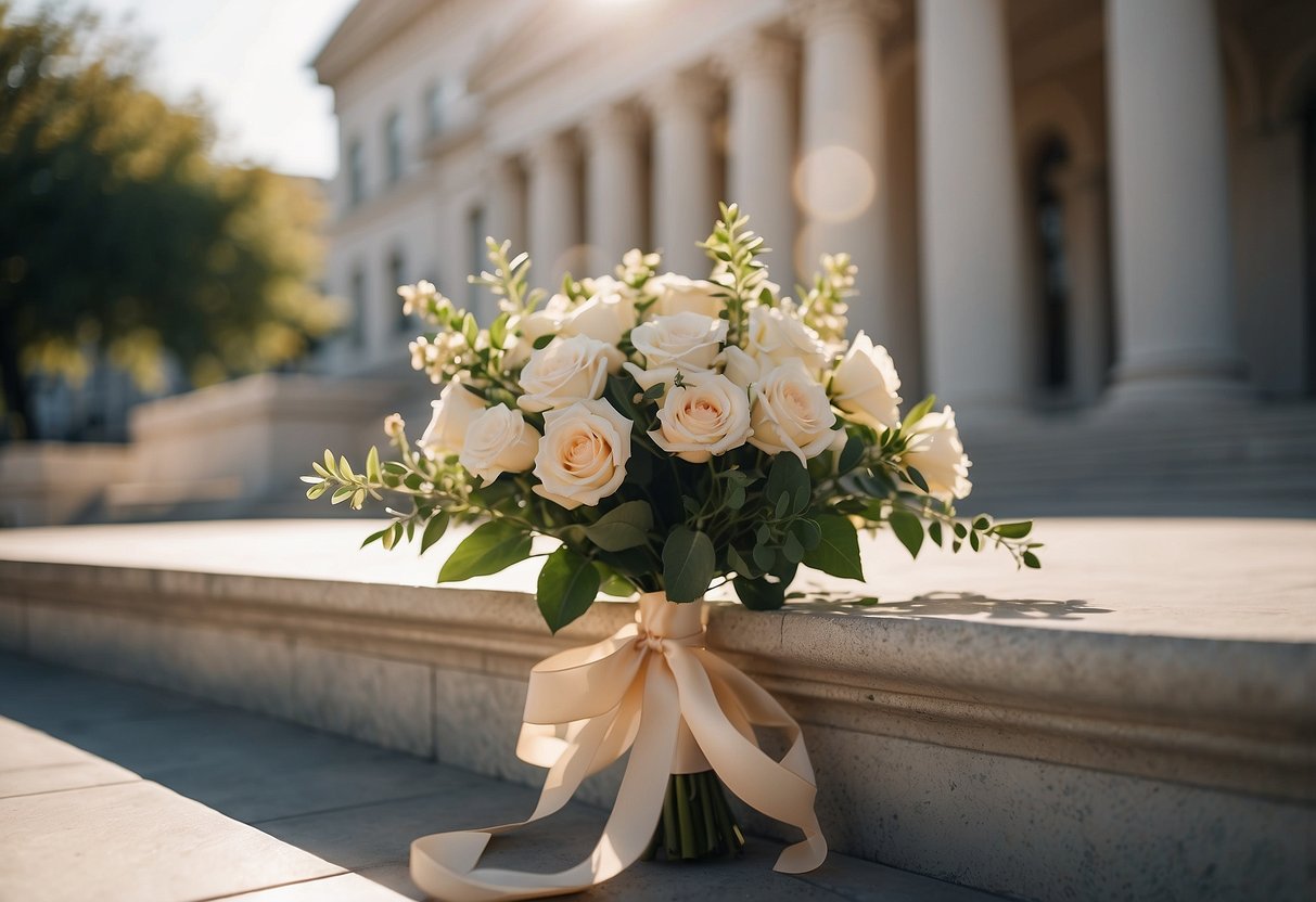 An elegant bouquet placed on a marble courthouse steps, with soft sunlight casting shadows on the steps