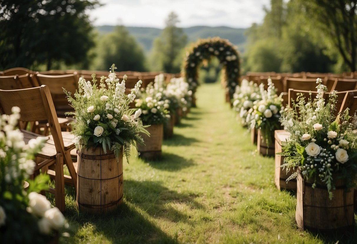 Rustic wooden signs line a lush outdoor wedding aisle, adorned with flowers and greenery, creating a charming and romantic atmosphere