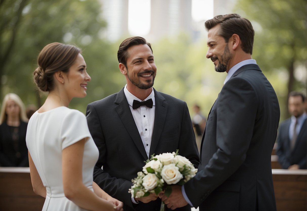 A couple standing before a judge, exchanging personalized vows in a simple courthouse setting