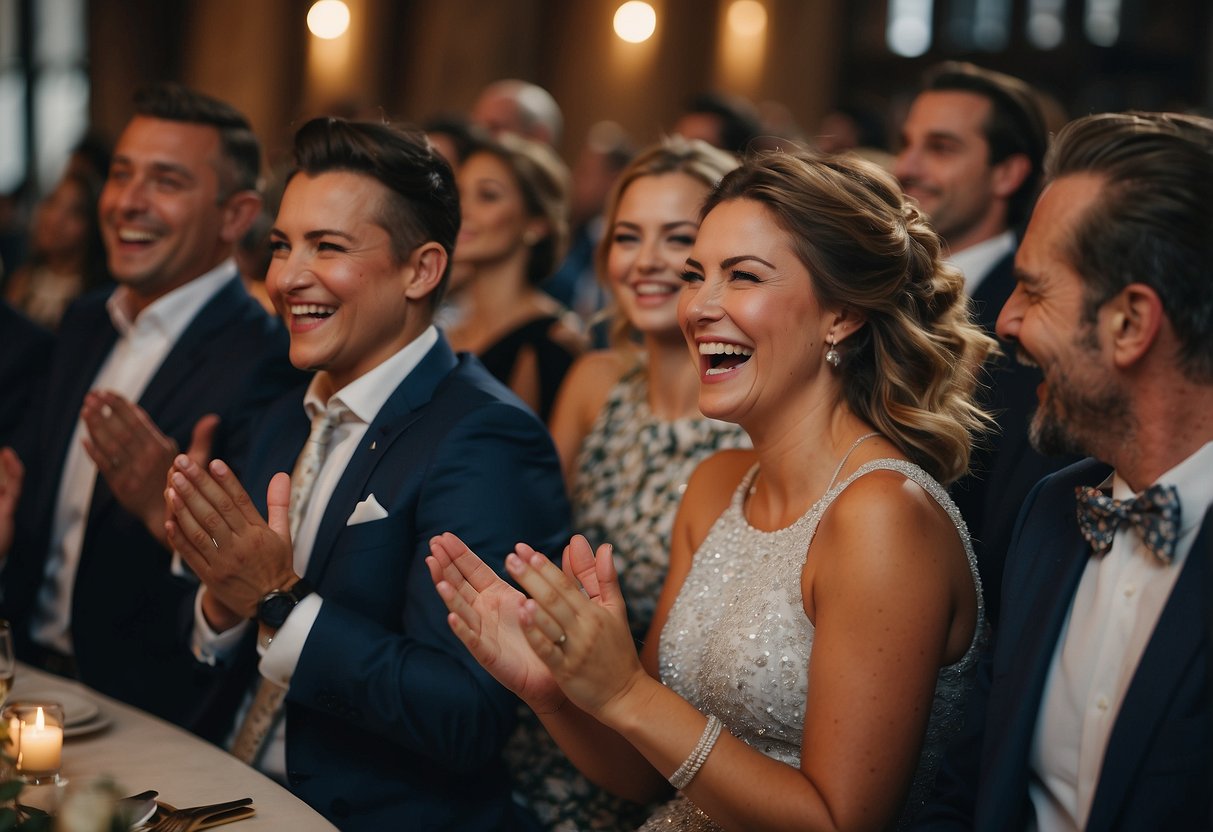 A group of wedding guests laughing and clapping as a speaker tells jokes and funny stories