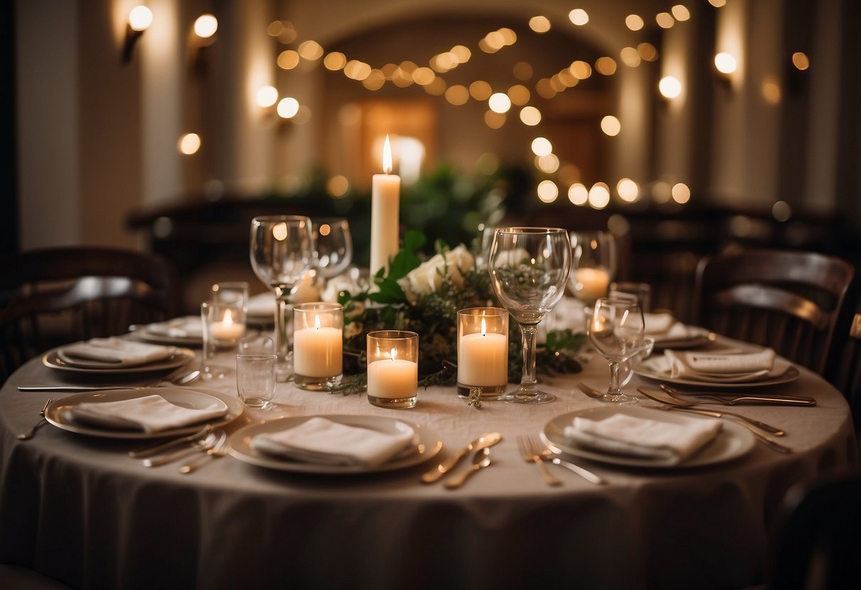 A cozy courthouse dinner: candlelit tables, elegant place settings, soft music, and a small gathering of close family and friends