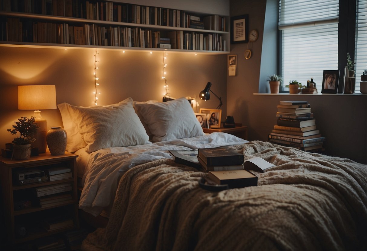 A cozy bedroom with two mismatched pillows, a pile of books, and a quirky collection of knick-knacks scattered around