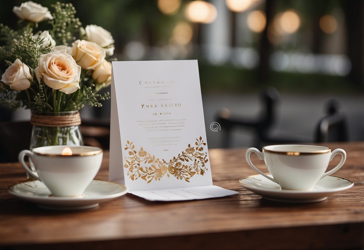 A table with handmade invitations, courthouse backdrop, minimal decor