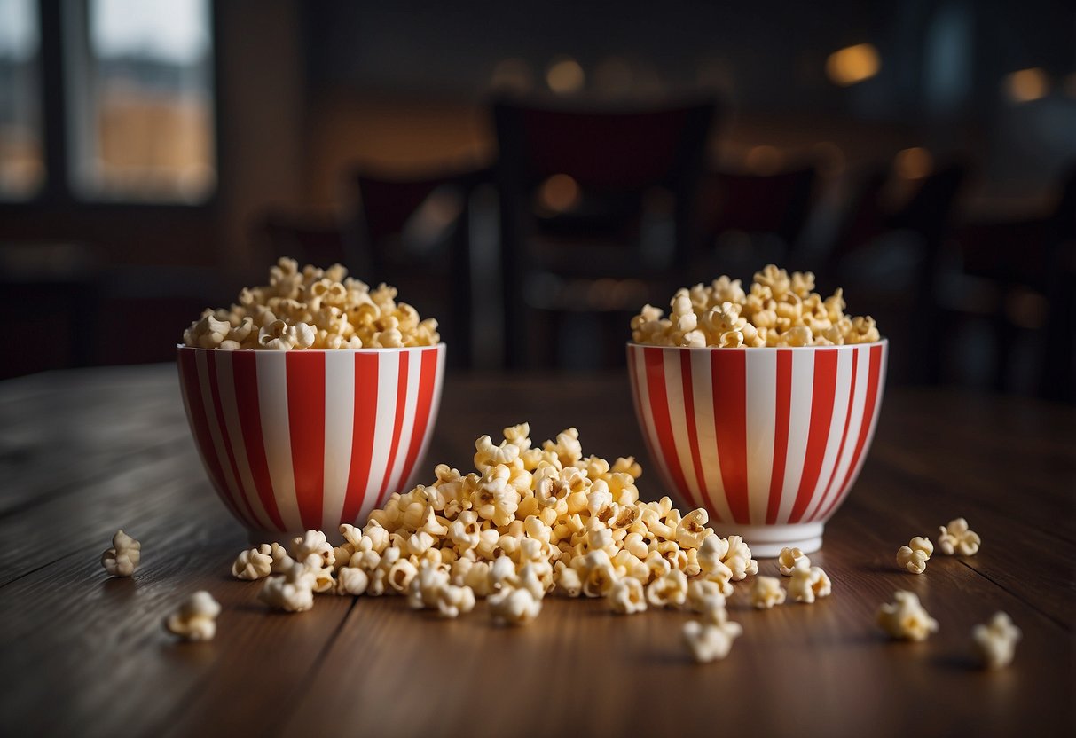 A bowl of popcorn spills over, kernels scattered on the floor. Two chairs face each other, with a heart-shaped bowl in the middle