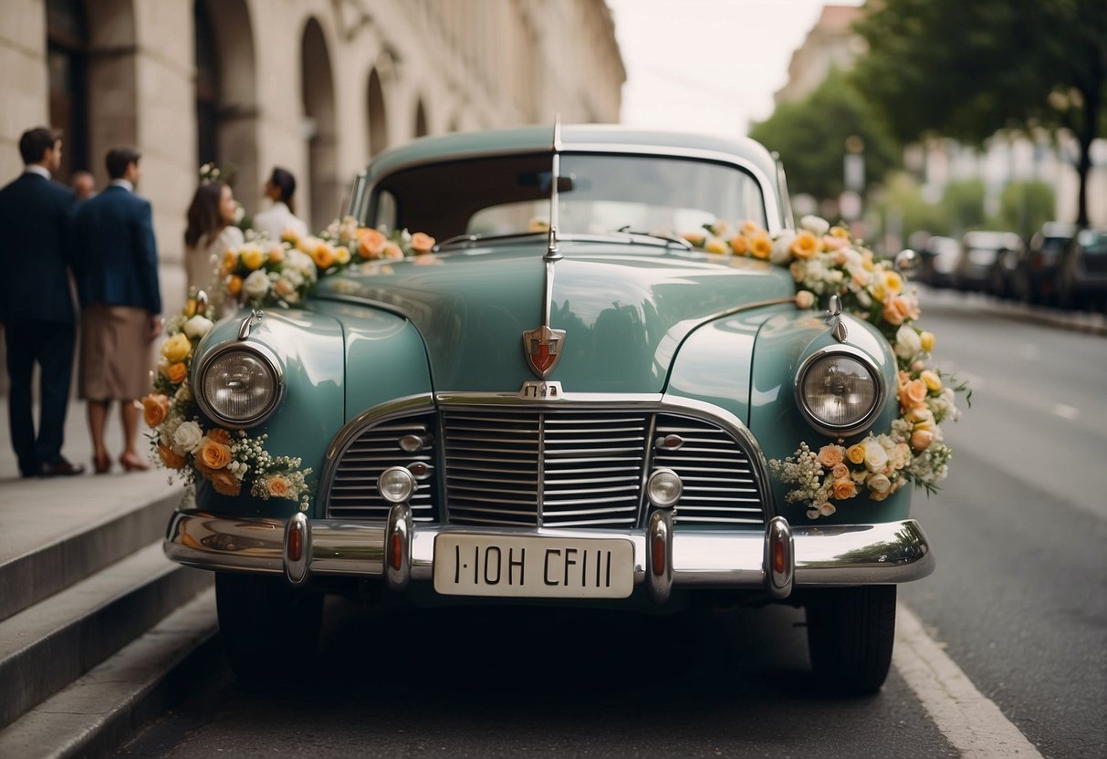 A vintage car drives up to a courthouse, with a bride and groom inside. The car is adorned with flowers and ribbons, creating a charming and romantic scene