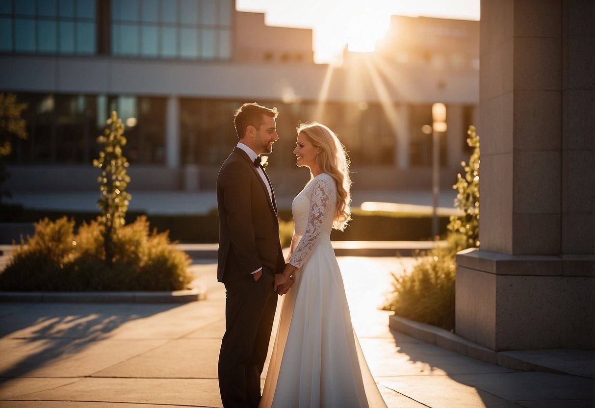 A couple stands in front of the courthouse, exchanging vows. The sun sets behind the building, casting a warm glow on the scene