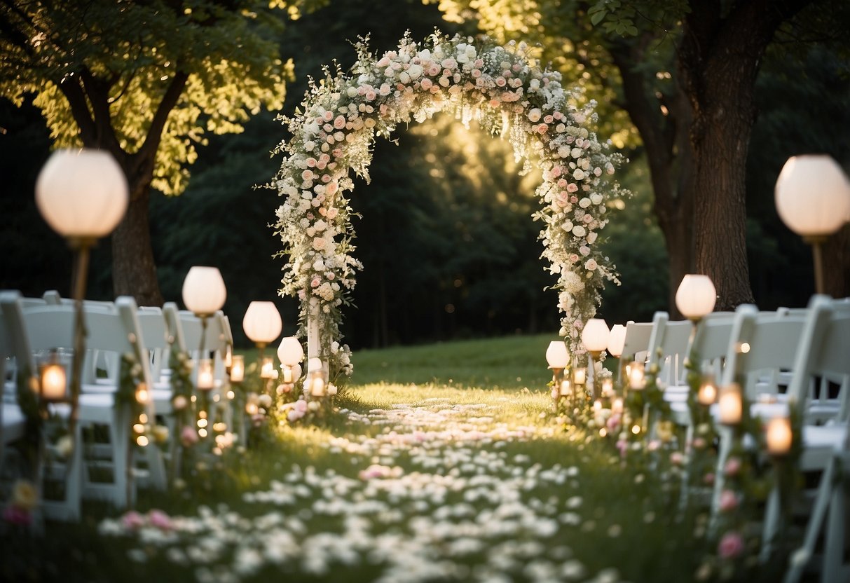 A white floral arch stands at the end of a grassy aisle, lined with lanterns and rose petals. Sunlight filters through the trees, casting a warm glow over the scene