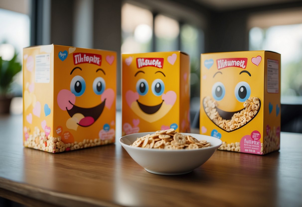 Two cereal boxes with smiling faces, one with hearts in its eyes, sitting side by side on a breakfast table