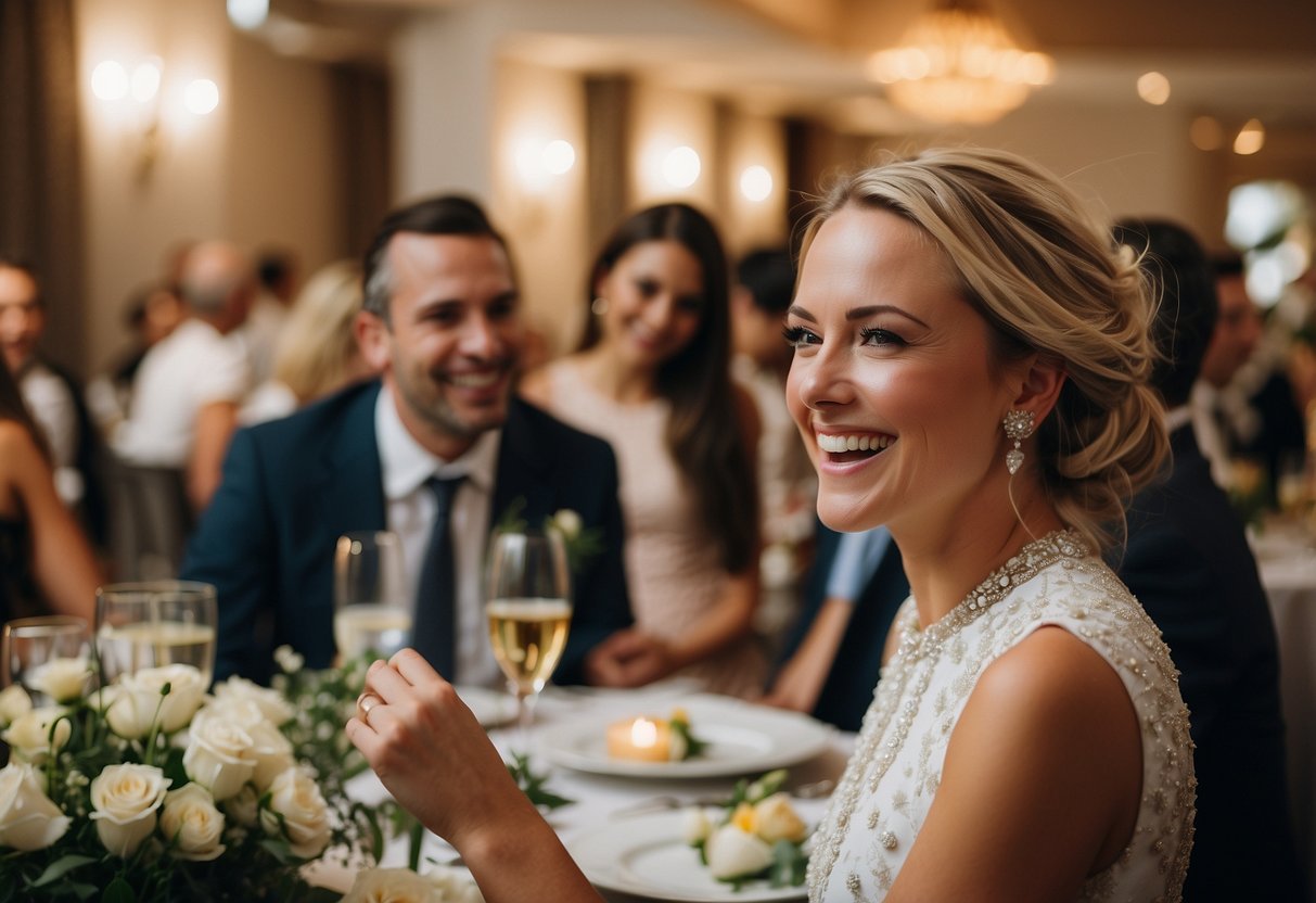 A wedding reception with "Another one bites the dust" playing softly as guests chuckle at funny speech ideas