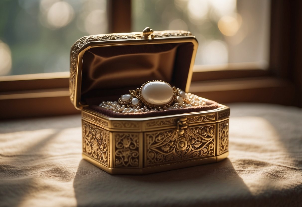 A vintage jewelry box sits on a lace-covered table, filled with delicate family heirloom pieces. Soft light filters through the window, casting a warm glow on the precious gems and pearls