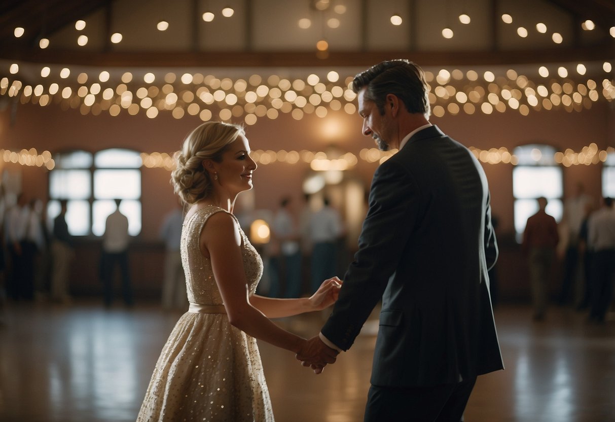 A couple dances to sentimental music in a courthouse, surrounded by simple decorations and soft lighting