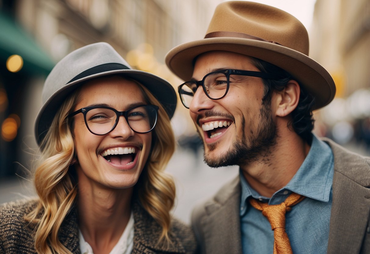 A couple laughing together, one wearing glasses and the other with a quirky hat, surrounded by speech bubbles with funny nicknames