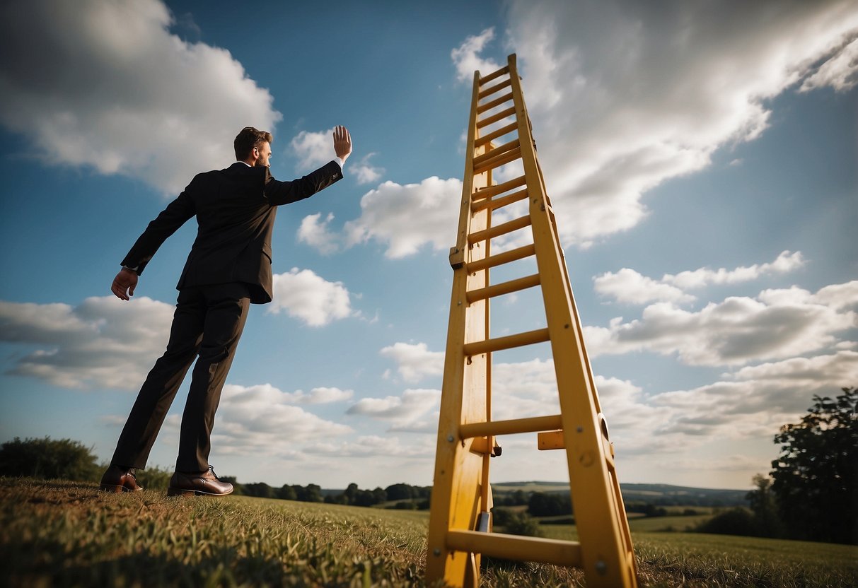 A groom stands with a ladder, reaching for the sky