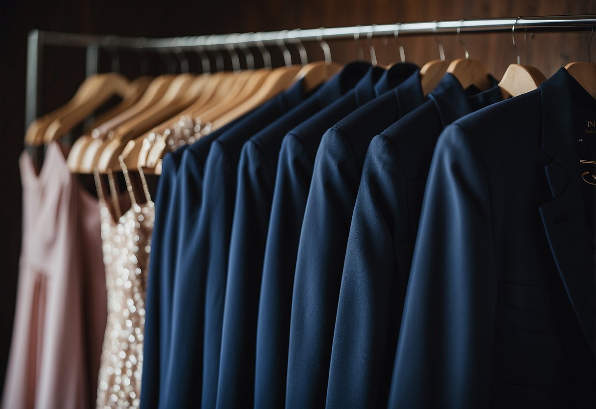 A navy blue suit hangs next to matching bridesmaids' dresses